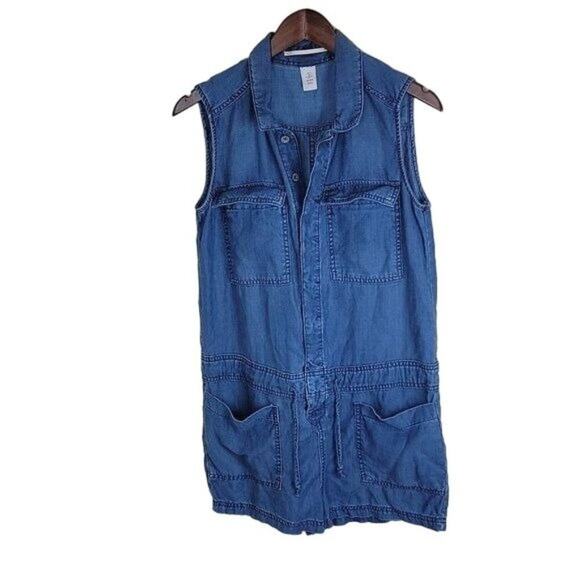 H&M Womens Chambray Utility Romper size 4 Blue Sleeveless Pockets Button Front - Picture 1 of 8